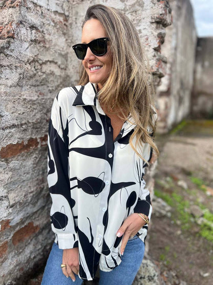 Cocolii chemisier mousseline femme Imprimé abstrait boutonnage manches longues décontracté blouse pour bureau