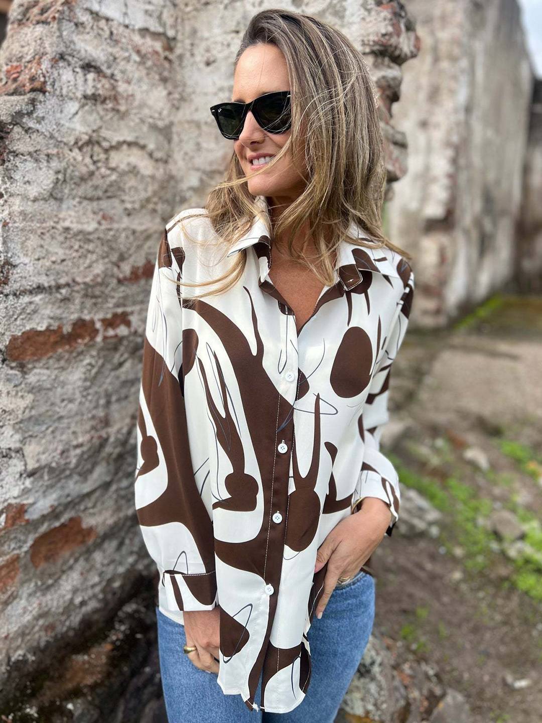 Cocolii chemisier mousseline femme Imprimé abstrait boutonnage manches longues décontracté blouse pour bureau