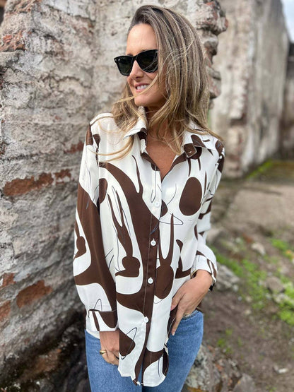 Cocolii chemisier mousseline femme Imprimé abstrait boutonnage manches longues décontracté blouse pour bureau