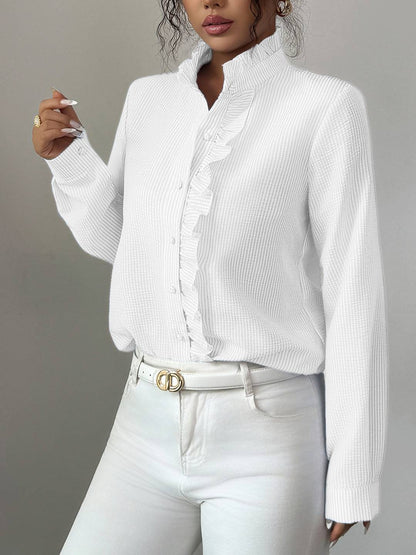 Cocolii chemisier femme à rayé et volants boutonnage col montant manches longues doux décontracté blouse pour bureau