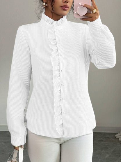 Cocolii chemisier femme à rayé et volants boutonnage col montant manches longues doux décontracté blouse pour bureau