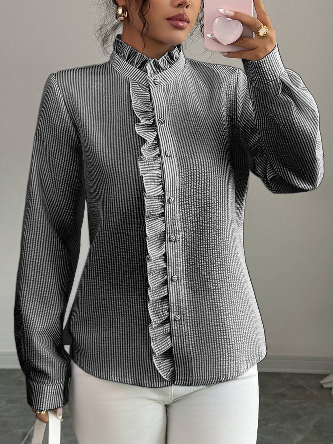 Cocolii chemisier femme à rayé et volants boutonnage col montant manches longues doux décontracté blouse pour bureau