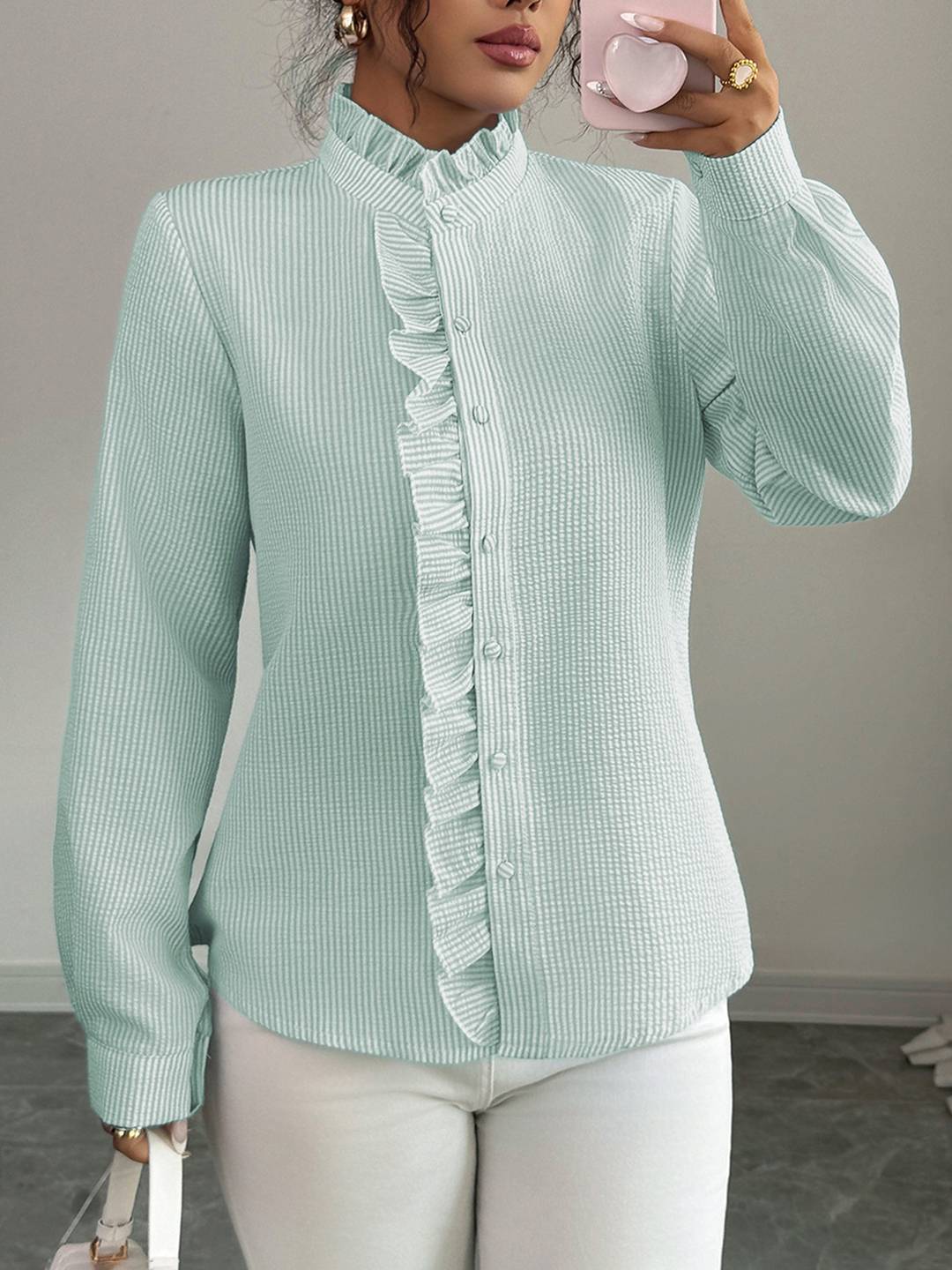 Cocolii chemisier femme à rayé et volants boutonnage col montant manches longues doux décontracté blouse pour bureau