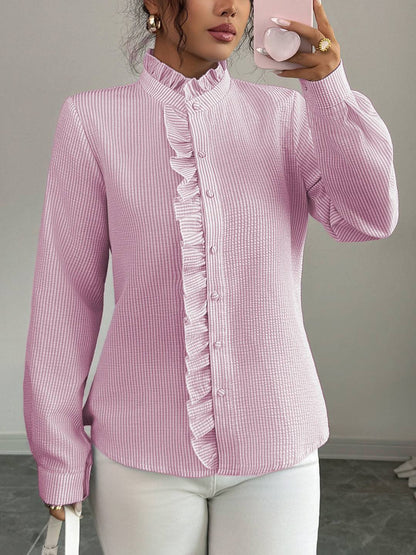 Cocolii chemisier femme à rayé et volants boutonnage col montant manches longues doux décontracté blouse pour bureau