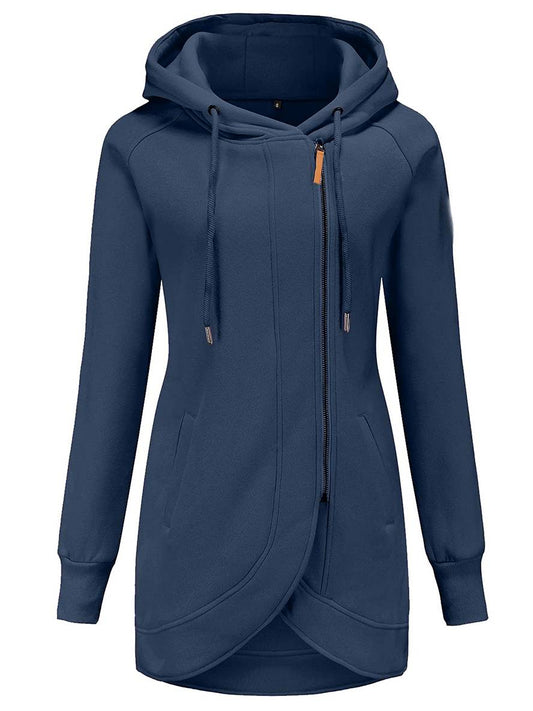 Cocolii mi-longue sweatshirt à capuche fermeture éclair poches manches bishop femme décontracté mode casual blouson