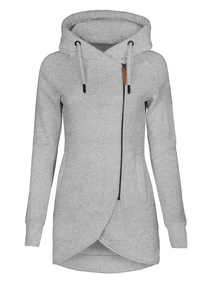 Cocolii mi-longue sweatshirt à capuche fermeture éclair poches manches bishop femme décontracté mode casual blouson