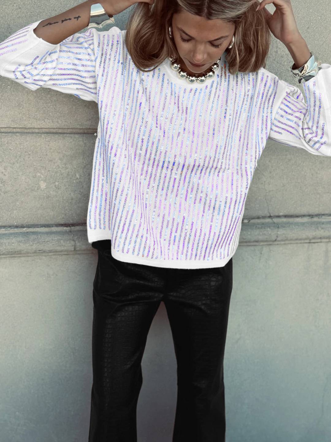 Cocolii sweatshirt de fête femme brillante paillette col rond manches longues vintage décontracté casual haut pour soirée noël