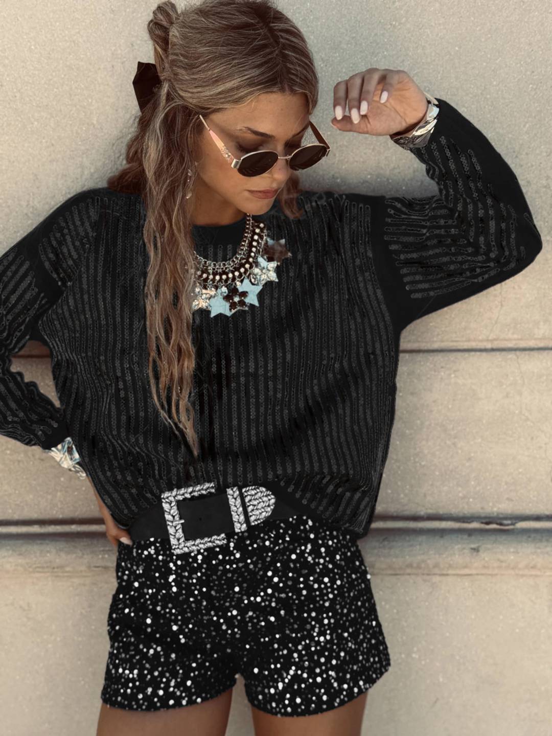 Cocolii sweatshirt de fête femme brillante paillette col rond manches longues vintage décontracté casual haut pour soirée noël