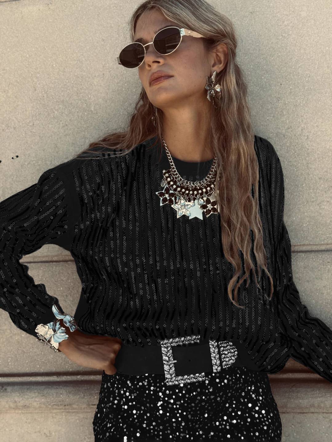 Cocolii sweatshirt de fête femme brillante paillette col rond manches longues vintage décontracté casual haut pour soirée noël