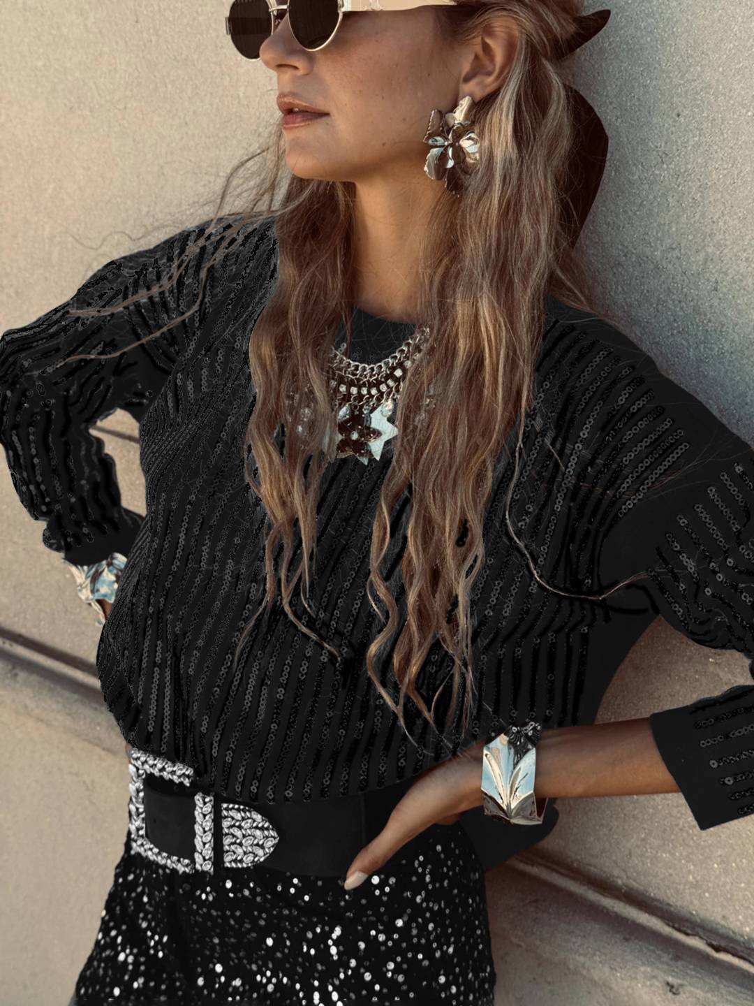 Cocolii sweatshirt de fête femme brillante paillette col rond manches longues vintage décontracté casual haut pour soirée noël