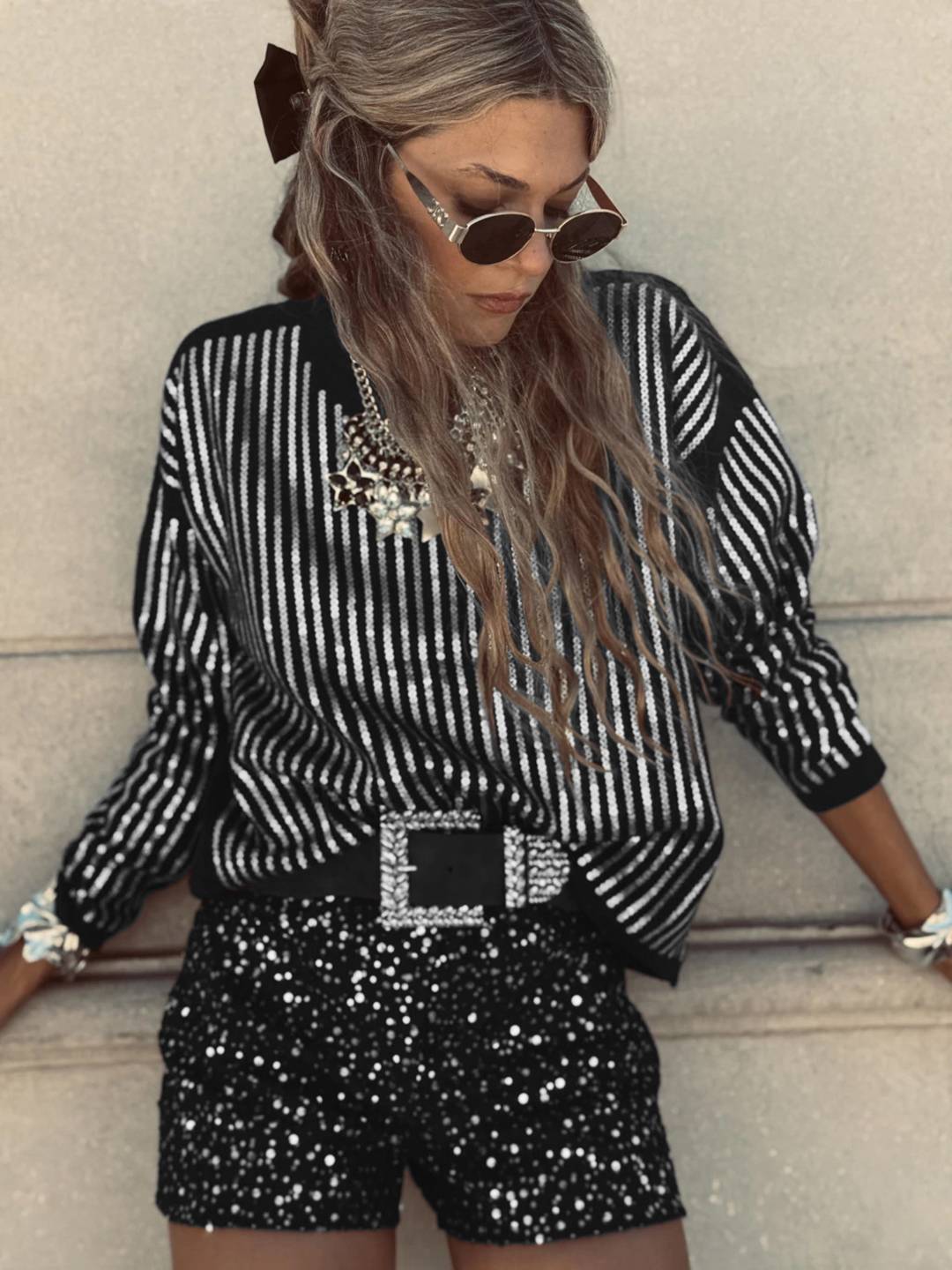 Cocolii sweatshirt de fête femme brillante paillette col rond manches longues vintage décontracté casual haut pour soirée noël