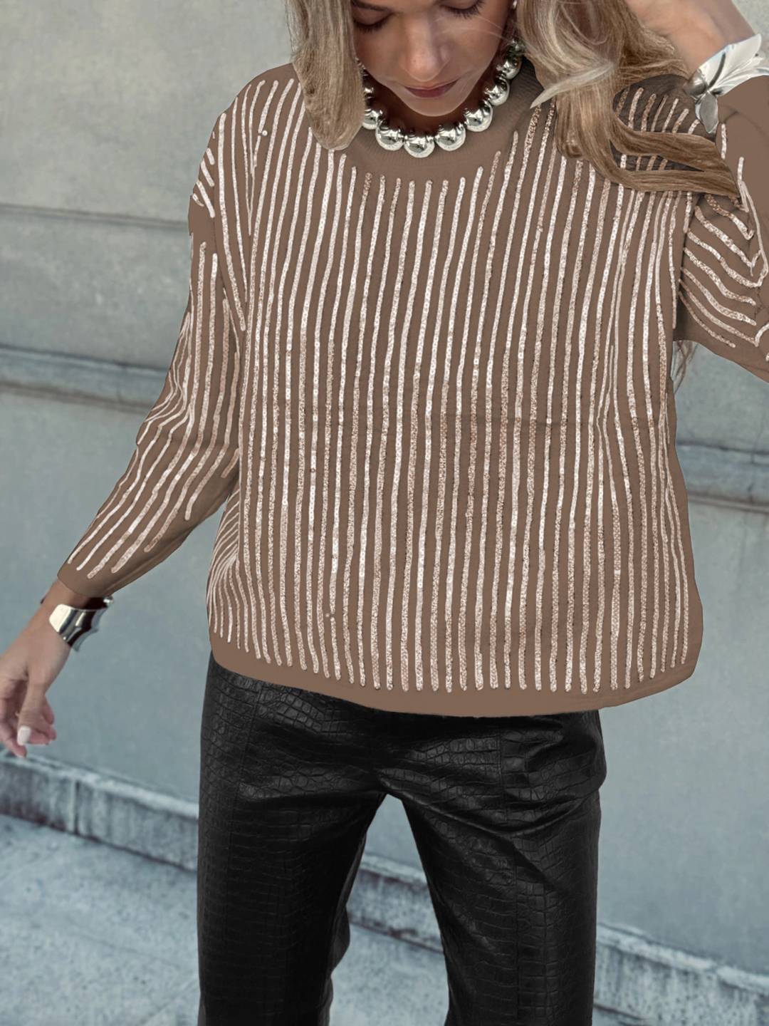 Cocolii sweatshirt de fête femme brillante paillette col rond manches longues vintage décontracté casual haut pour soirée noël