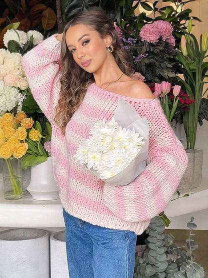 Cocolii pull rayé une épaule col bateau manches longues femme élégant décontracté ample casual