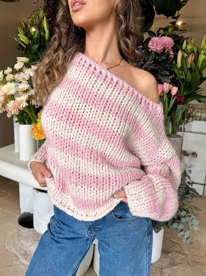 Cocolii pull rayé une épaule col bateau manches longues femme élégant décontracté ample casual