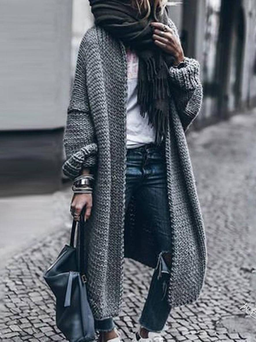 Cocolii longue cardigan en grosse maille unicolore manches longues femme oversized gris