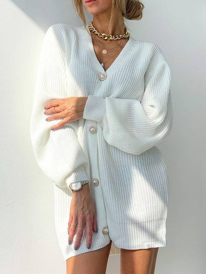 Cocolii cardigans unicolore v-cou pearl boutonnage poches manches bishop femme décontracté ample oversized pull