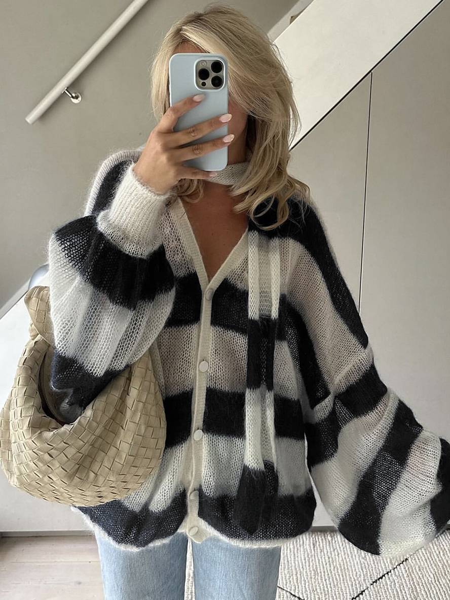 Cocolii pull cardigans rayé boutonnage poches v-cou manches longues femme élégant décontracté ample