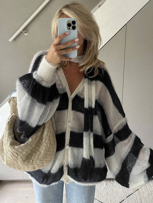 Cocolii pull cardigans rayé boutonnage poches v-cou manches longues femme élégant décontracté ample