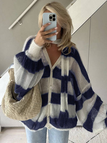 Cocolii pull cardigans rayé boutonnage poches v-cou manches longues femme élégant décontracté ample