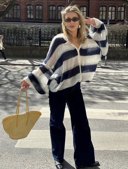 Cocolii pull cardigans rayé boutonnage poches v-cou manches longues femme élégant décontracté ample