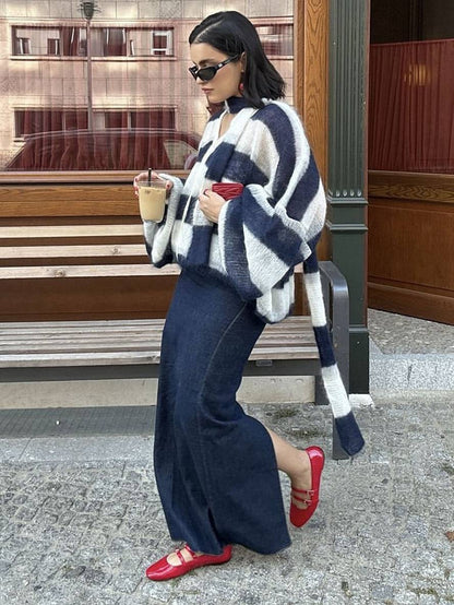 Cocolii pull cardigans rayé boutonnage poches v-cou manches longues femme élégant décontracté ample