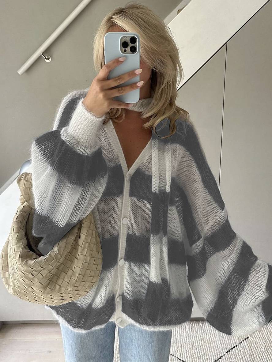 Cocolii pull cardigans rayé boutonnage poches v-cou manches longues femme élégant décontracté ample