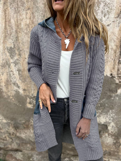 Cocolii mi-longue cardigans en maille torsadée avec jean à capuche poches femme ample oversized décontracté pull manteau