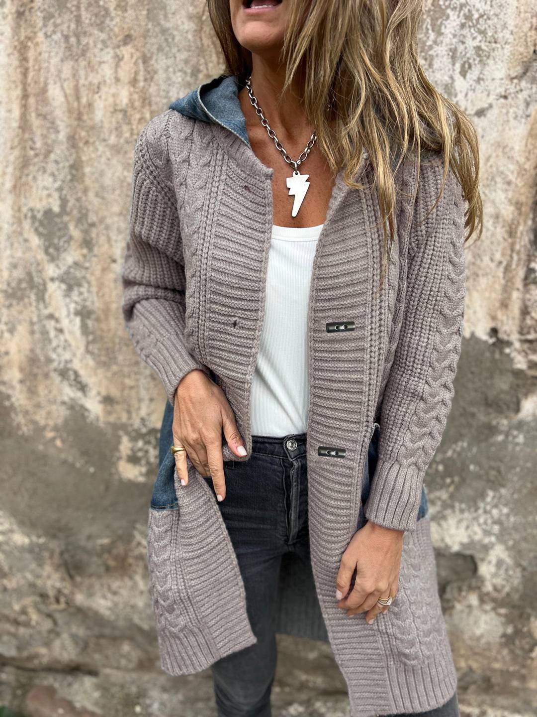 Cocolii mi-longue cardigans en maille torsadée avec jean à capuche poches femme ample oversized décontracté pull manteau