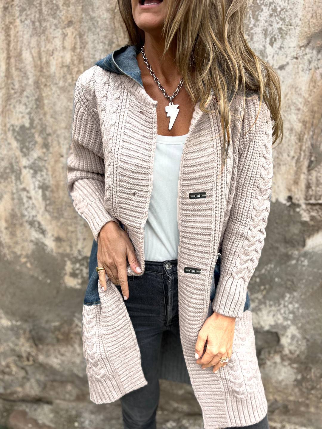 Cocolii mi-longue cardigans en maille torsadée avec jean à capuche poches femme ample oversized décontracté pull manteau