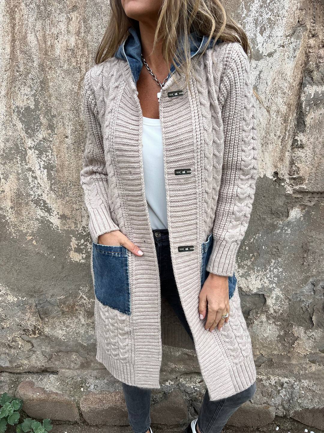 Cocolii mi-longue cardigans en maille torsadée avec jean à capuche poches femme ample oversized décontracté pull manteau