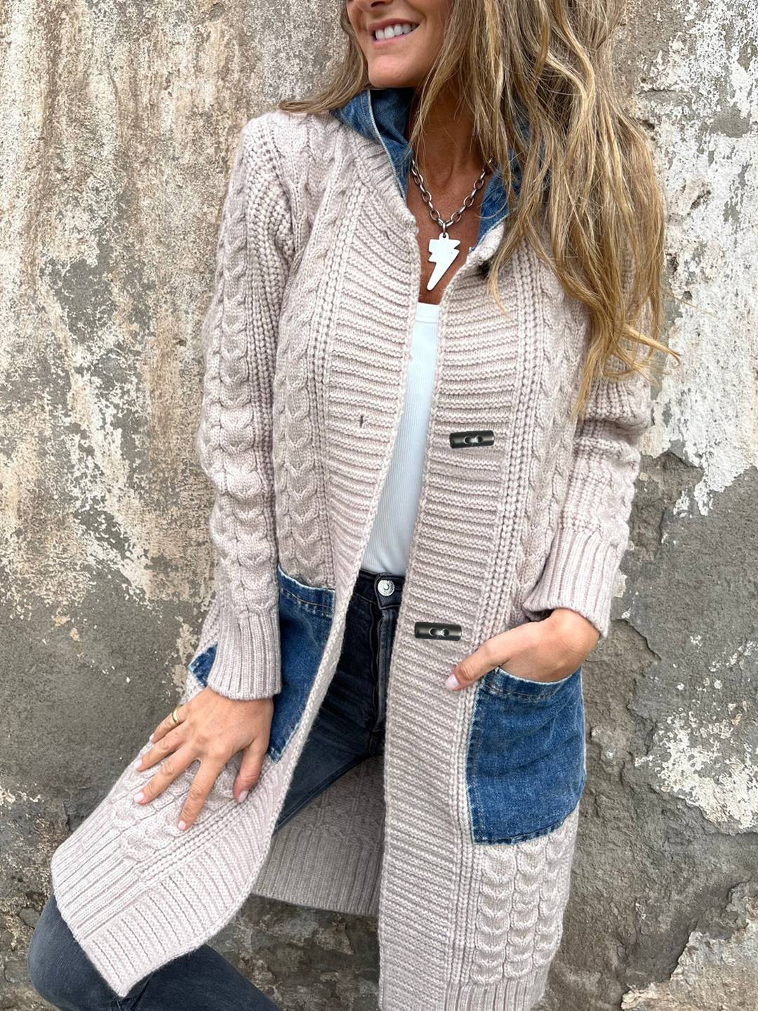 Cocolii mi-longue cardigans en maille torsadée avec jean à capuche poches femme ample oversized décontracté pull manteau