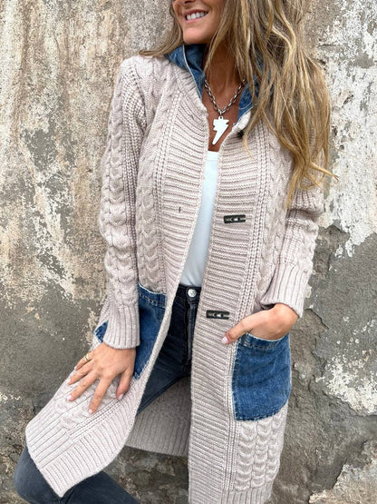 Cocolii mi-longue cardigans en maille torsadée avec jean à capuche poches femme ample oversized décontracté pull manteau
