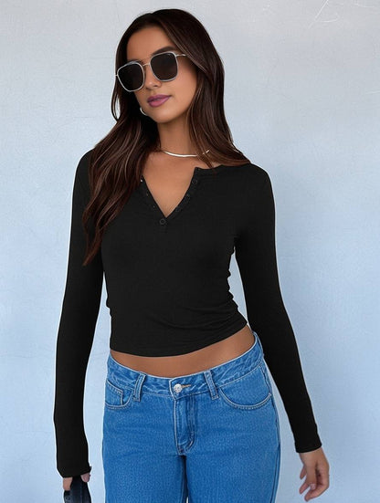 Cocolii hauts unicolore boutons v-cou manches longues femme élégant décontracté mode casual