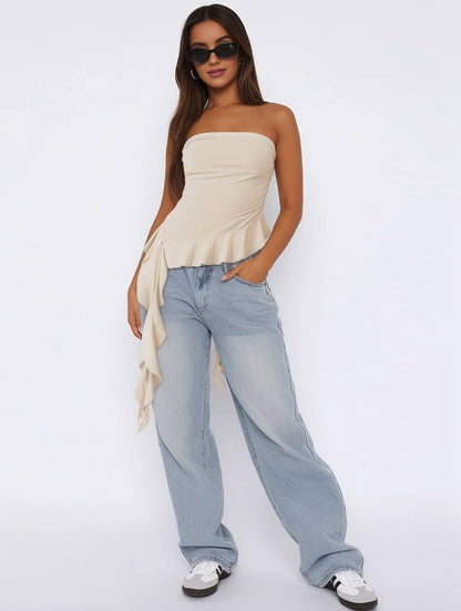 Cocolii hauts à volantée frange ceinture bustier dos nu sans manches femme casual élégant mode décontracté