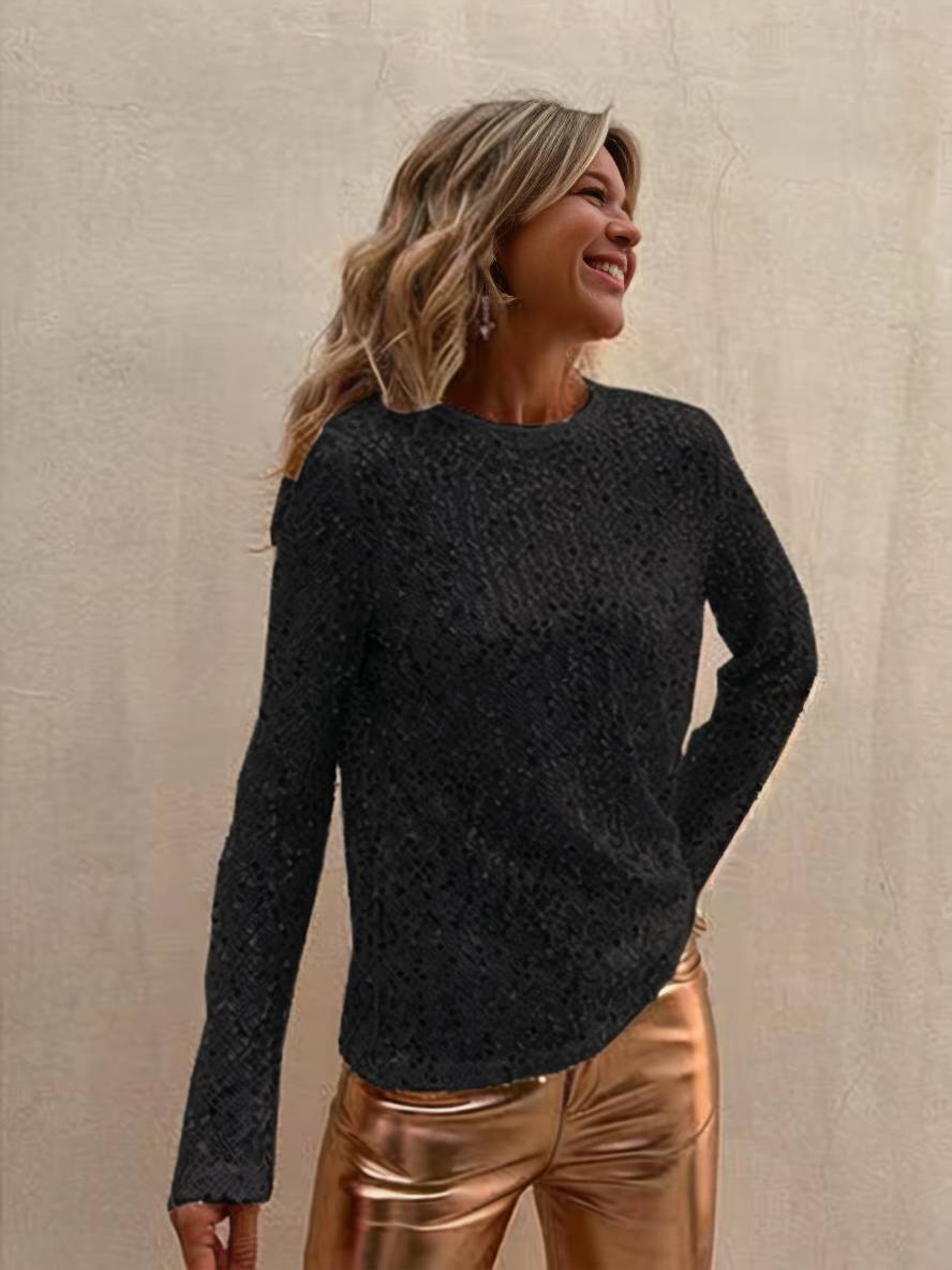 Cocolii hauts unicolore brillante paillette col rond manches longues femme élégant décontracté mode chemise