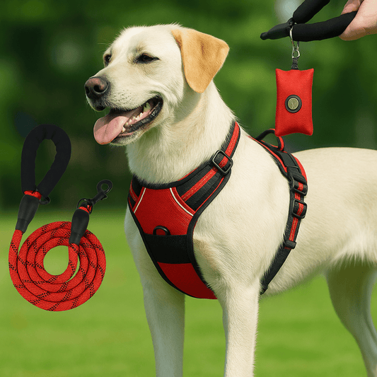 Harnais anti - évasion chien + laisse et distributeur – réglable et réfléchissant - Rondor